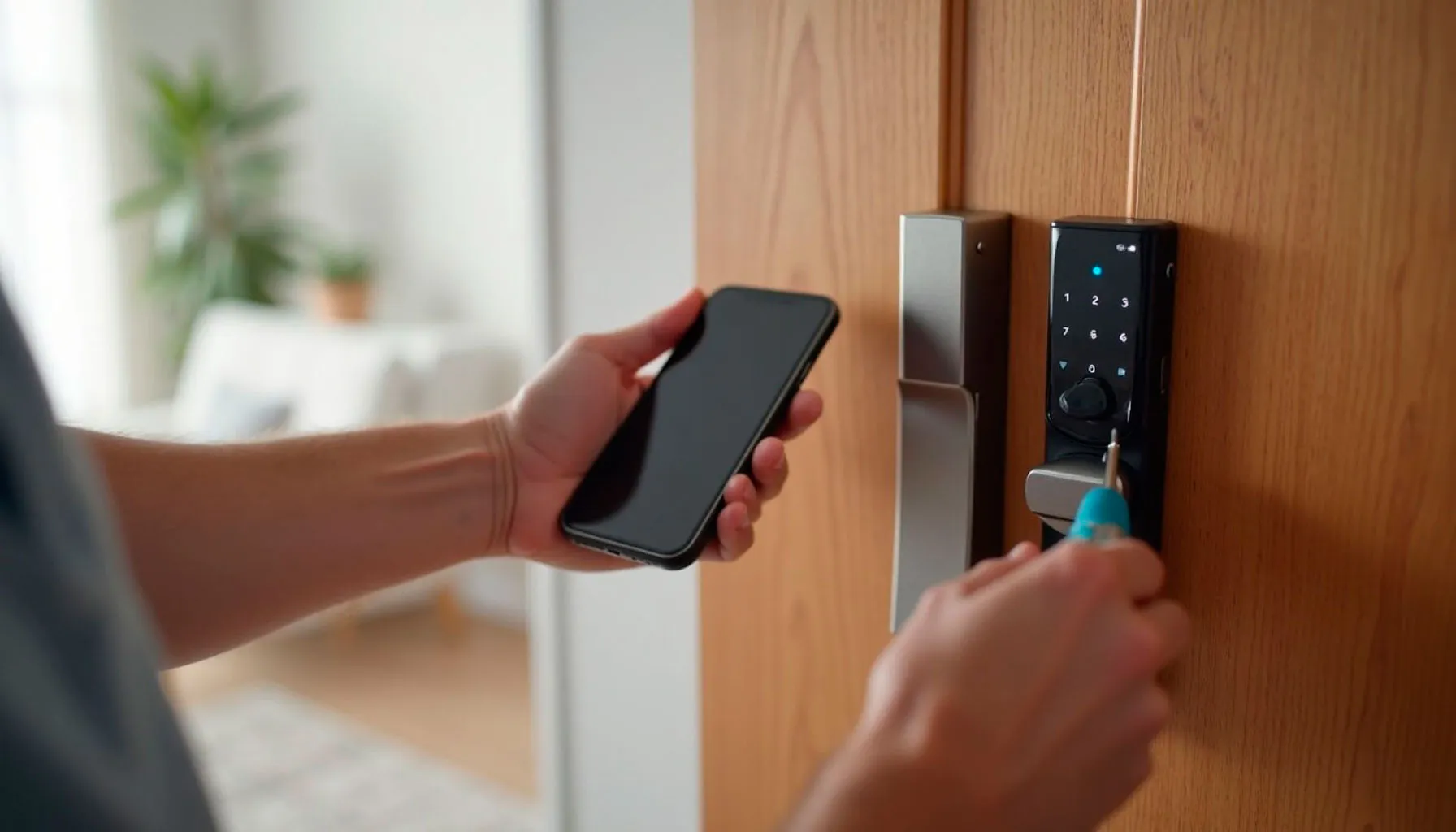 Manos instalando una cerradura inteligente moderna en una puerta de madera con un destornillador