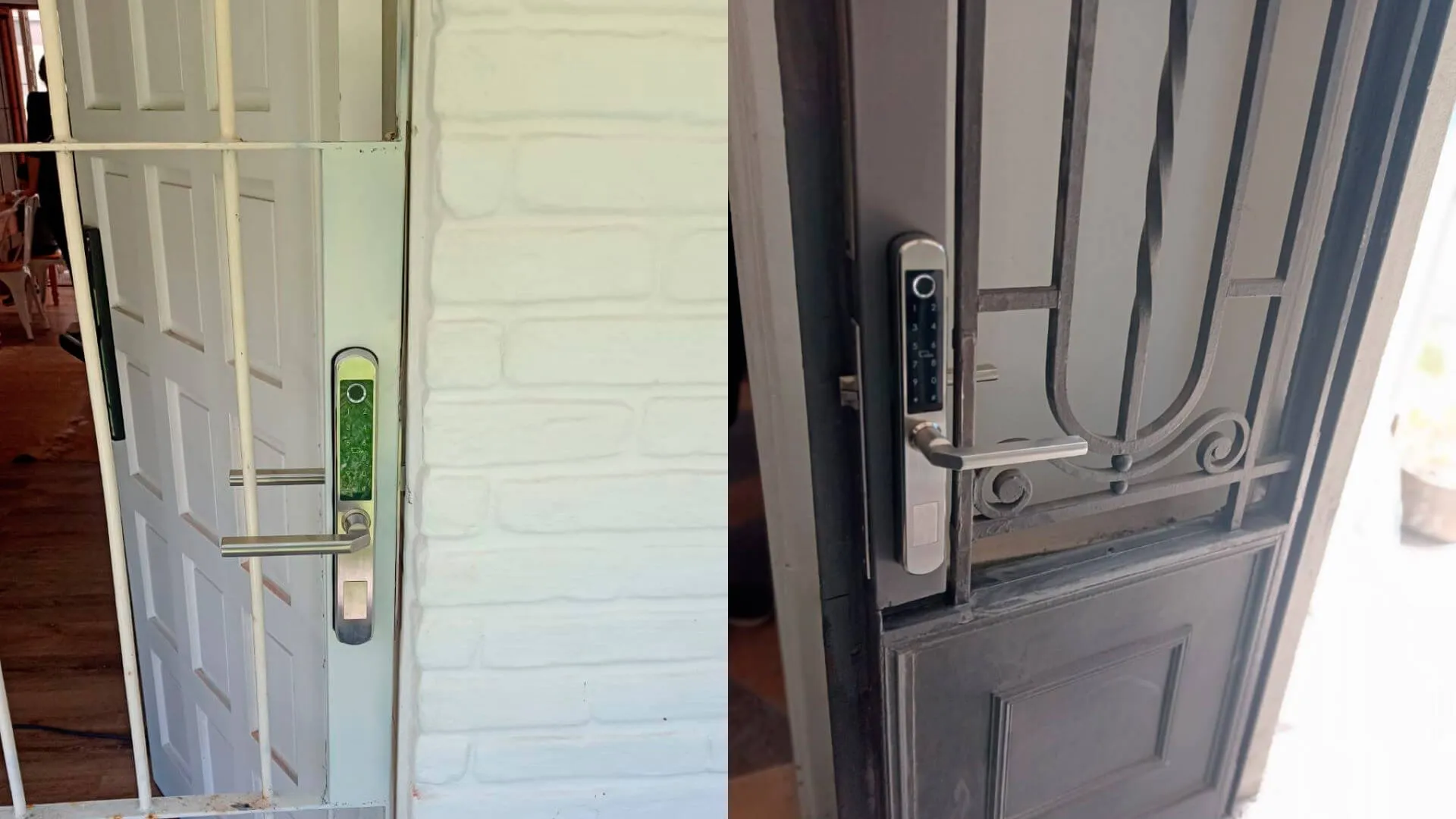 Cerraduras inteligentes IP66 instaladas en una puerta de reja y una puerta con vidrio